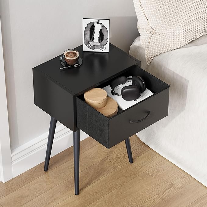 Small Black Nightstands Set of 2, Bedside Table with Fabric Drawer, Modern End Table with Metal Leg, Couch Side Table for Bedroom Living Room, Sofa, Office LNT504B