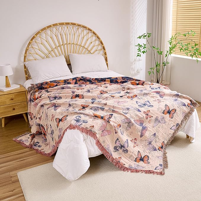 Boho Throw Blanket, 100% Organic Cotton Breathable Ultra Soft 60" x 80" Bed Quilt Throw - All Season Floral Rustic Farmhouse Decor Luxury Reversible Blanket for Sofa Couch Chair and Gift