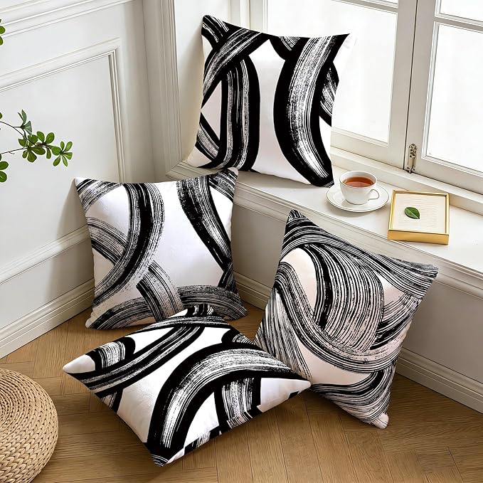 Black and White Abstract Striped Throw Pillow Covers 18x18 Set of 4, Modern Art Boho Lines Decorative Square Pillow Cases for Farmhouse Living Room Sofa Bed Couch, Spring Easter Minimalist Home Decor
