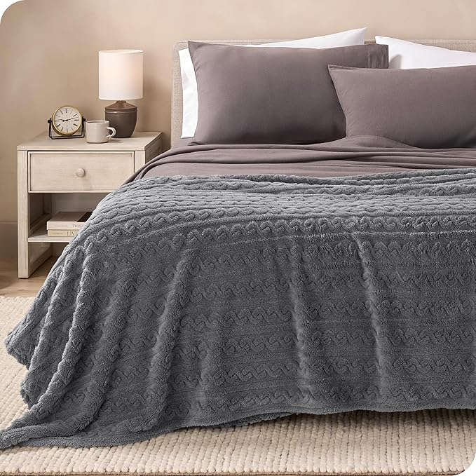 Bare Home Faux Shearling Blanket - Full/Queen Size - Blanket for Bed, Sofa, Couch, Camping, Travel, and Gifts - Warm & Lightweight - Fluffy & Soft (Full/Queen, Cable Grey)