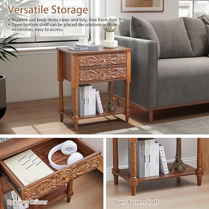 Nightstand, Farmhouse Bedside Table with 2 Drawers and Open Shelf, Wood Sofa Side Table End Table Accent Dresser for Bedroom, Living Room (with Shelf, Walnut)