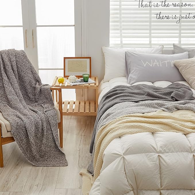 Longhui bedding Coffee Knitted Throw Blanket for Couch, Soft, Cozy Machine Washable 100% Cotton Sofa Knit Blankets, Heavy 3.0lb Weight, 51 x 63 Inches, Coffee and White Color.