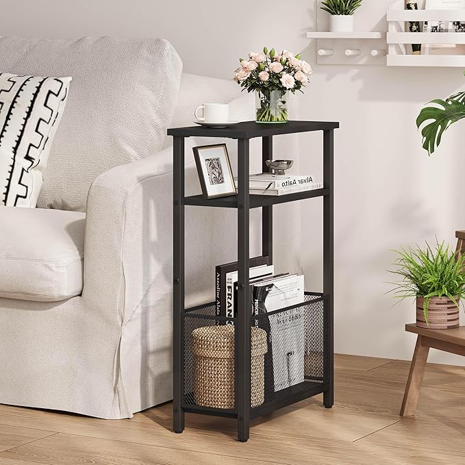 Narrow Side Table with Storage Basket Skinny End Tables for Smalls Spaces 3 Tier Sofa Table Small Nightstand Slim Bedside Table for Living Room Bedroom Black MLBZ22B