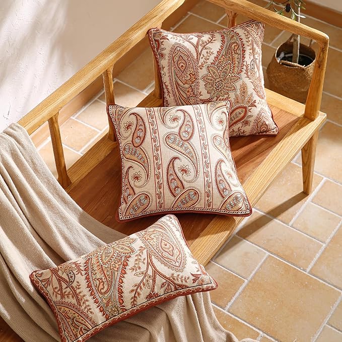 ISAENNE Design Linen Classic Vintage Throw Pillow Covers 12"x20" Pack of 2, Rectangle Cushion Covers with Orange Yellow Paisley Style Pattern Decor Pillowcases for Bed,Living Room,Outdoor,Car