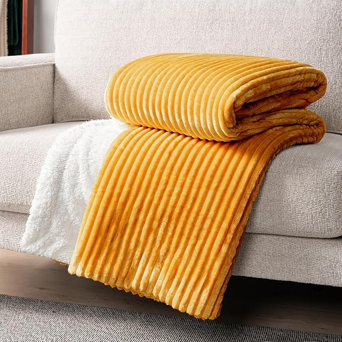 PAVILIA Mustard Yellow Sherpa Fleece Throw Blanket for Couch Twin, Soft Plush Fuzzy Blankets, Fluffy Flannel Sherpa Blanket for Bed, Warm 3D Ribbed Winter Blanket Gift, 60x80 inches