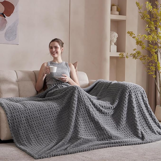 Soft Cozy Fuzzy Fleece Throw Blanket, Waffle Light Grey, 50x60 Inches – Lightweight, Fluffy, and Warm 3D Jacquard All-Season Blanket for Couch, Bed, Sofa, Home Decor, Camping, and Travel