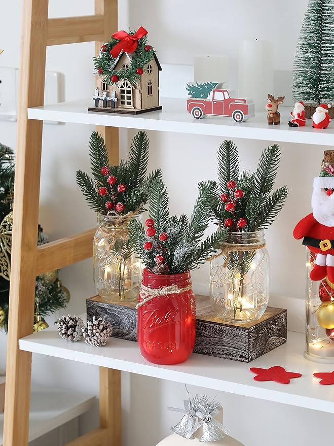 Winter Mason Jar Centerpiece for Table with LED Lights & Artificial Plants, Set of 3 Decorative Red Mason Jars for Christmas Home Decor, Kitchen Dining Table Centerpiece