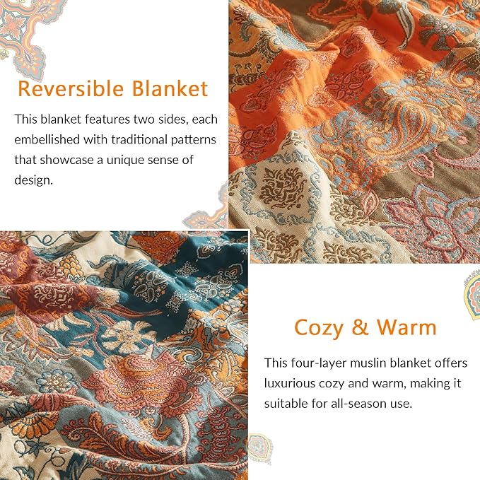 Boho Throw Blanket for Couch Sofa Bed, 100% Cotton Woven Quilt with Tassel 50”x60”, Super Soft Muslin Blanket with Floral Printed, Decorative Reversible Bed Blanket/Cover for All Seasons