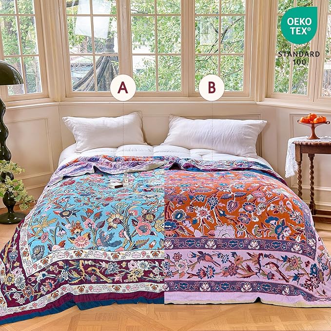 Boho Throw Blanket - 100% Cotton Ultra Soft Muslin Blanket, 50"x60" Lightweight Framhouse Bedding Spring Blanket for Bed, All Season Blue and Purple Floral Bohemian Bedroom Home Decor Quilt