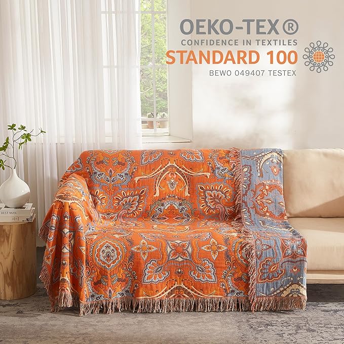 Boho Throw Blanket for Bed 90”x98”, 100% Cotton Woven Blanket for Couch Sofa, Ultra Soft 4-Layer Muslin Quilt with Floral Printed, Farmhouse Bed Blanket/Cover for Living Room Decor