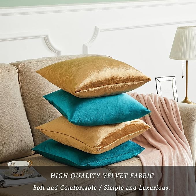 GIGIZAZA Velvet Pillow Covers 16x16,Gold Teal Soft Throw Pillow Covers Set of 4 Square Decorative Modern Pillows Covers for Living Room