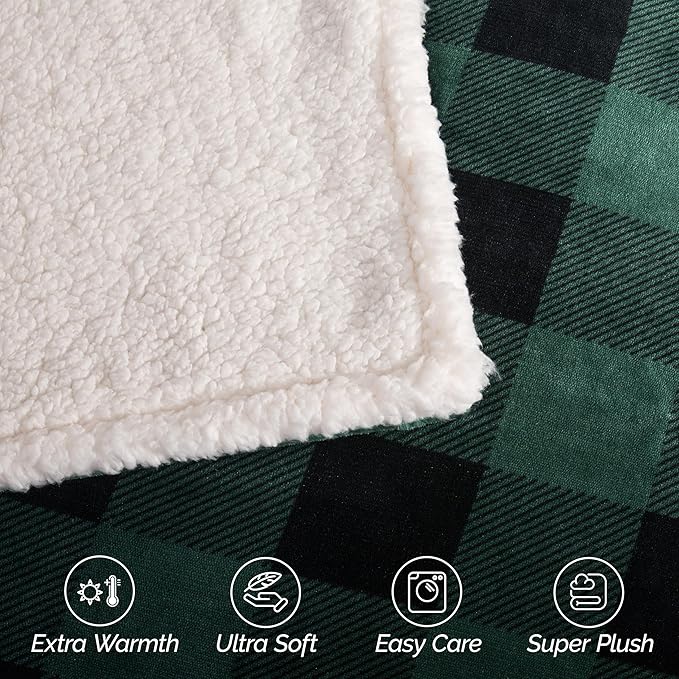 Elegant Comfort Ultra Soft Reversible Buffalo Plaid Flannel Sherpa Blanket - Cozy Silky Checkered Fleece Throw for Couch, Bed - Plush Fuzzy Warm Winter Blanket for Gift, Twin, Green