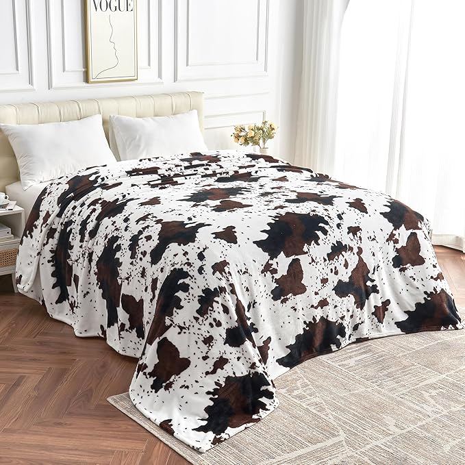 Queen Size Cow Blanket for Couch Bed, Soft Cozy Fleece Cow Printed Blanket for All Seasons 90"x90" (Dark Brown)
