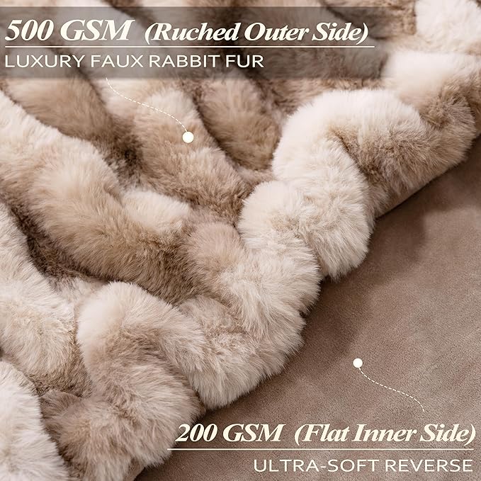 Touchat Ruched Faux Rabbit Fur Throw Blanket, 700 GSM Luxury Dual-Sided Soft Cozy Blanket, Fuzzy Fluffy Plush Blanket for Bed, Couch and Sofa - 50"x60", Tie-dye Brown