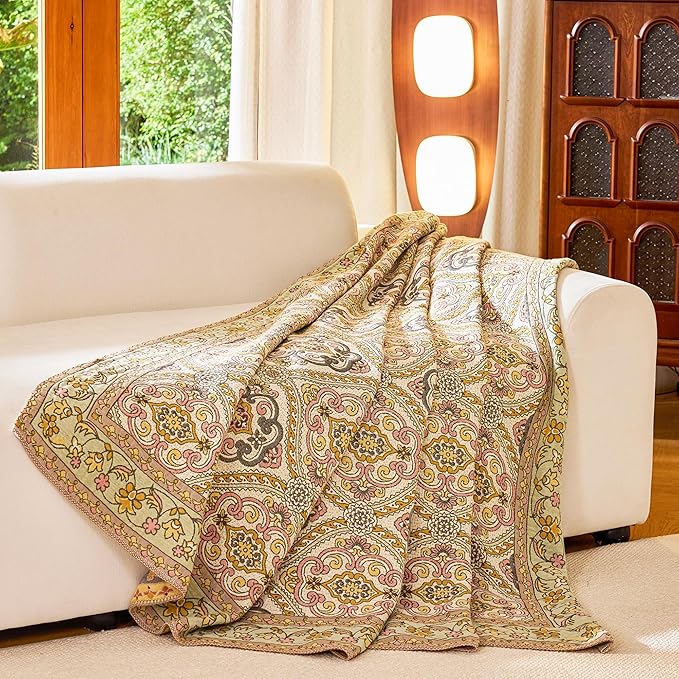 Boho Throw Blanket 80" x 90", 100% Organic Cotton Breathable Skin-Friendly Ultra Soft Bed Quilt Throw - Floral Rustic Decor Luxury Reversible Blanket for Sofa Couch Chair and Gift,