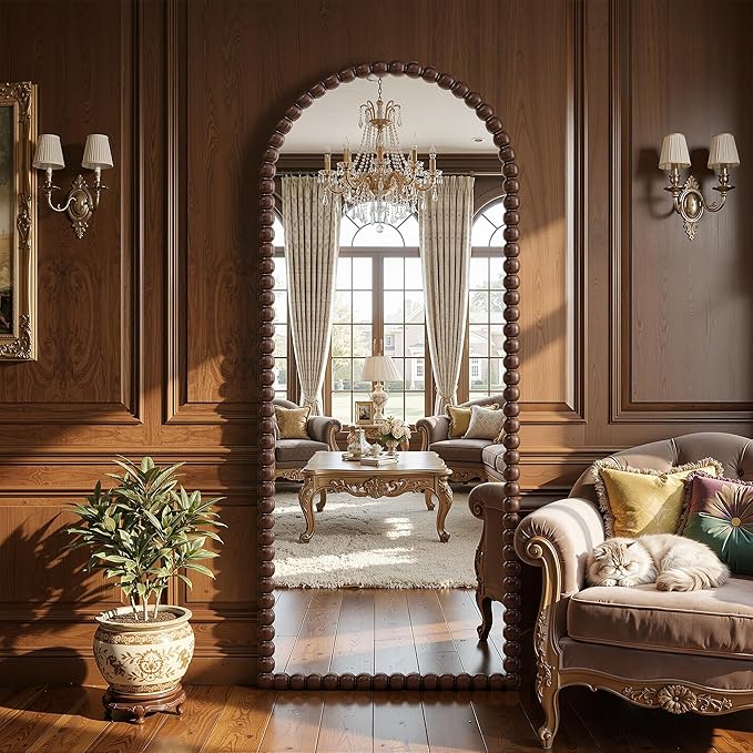 Antok 57" x 21" Arched Full Length Mirror, Antique Beaded Frame Floor Standing or Wall Mounted Mirror with Stand for Bedroom, Entryway, Brown, Luxury Style