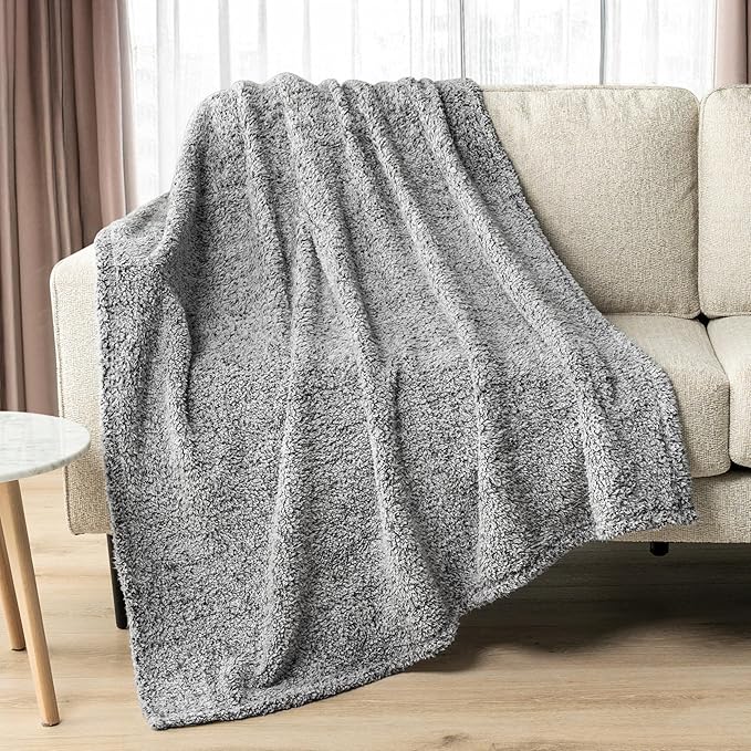 Pavilia Sherpa Bed Blanket Queen Size, Heather Grey Plush Soft Cozy Fluffy Lightweight Microfiber Fuzzy All Season Blanket, 90x90