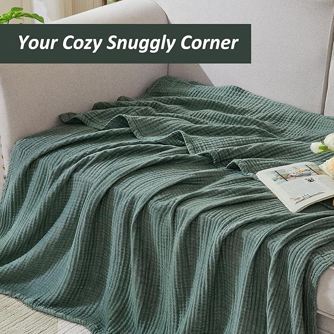 EMME Cotton Muslin Twin XL Blanket Breathable Gauze Soft Lightweight Blankets Adults Gifts for Women (Heather Forest Green, 66"x90")