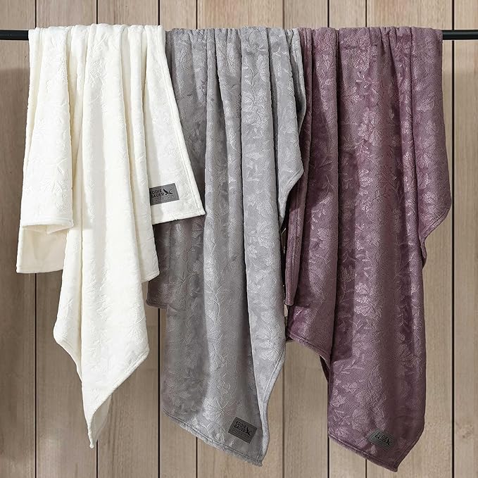 Eddie Bauer - Throw Blanket, Ultra-Soft & Embossed Plush Bedding, Blanket for Couch & Bed (Woodblock Floral White, 50" x 70")
