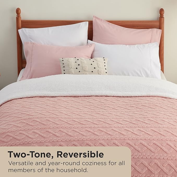 Bedsure Gentlesoft Sherpa King Size Blanket for Bed- Fleece Fluffy & Cozy Cable Jacquard Tufted for Women Gift, Thick and Warm Christmas Blanket for Winter, Pink, 108x90 Inches