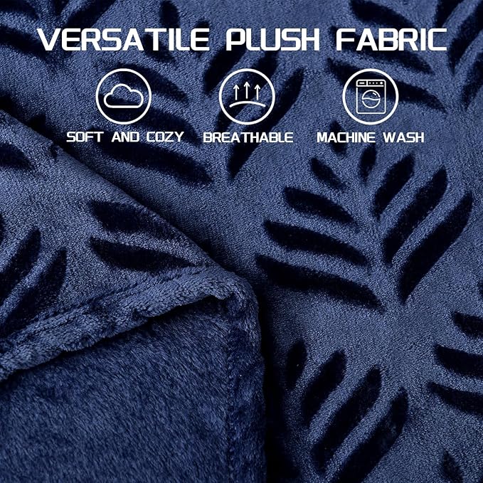 Exclusivo Mezcla Queen Size Fleece Blanket for Bed, Super Soft and Cozy Blankets All Season Use, Leaves Pattern, Plush Fuzzy Lightweight, Navy Blue, 90x90 Inch