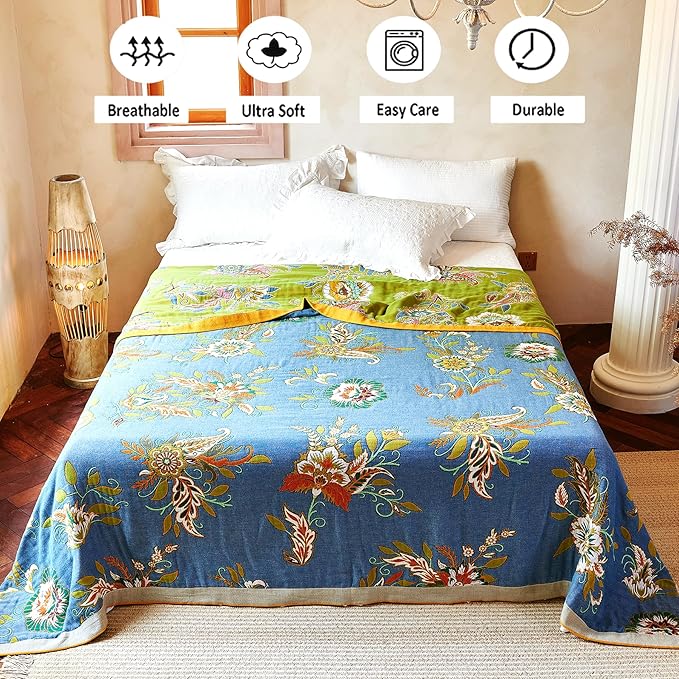 Boho Throw Blanket, 100% Organic Cotton Breathable Ultra Soft Bed Quilt Throw - All Season Luxury Floral Farmhouse Decor Blanket for Sofa Couch Chair and Gift. 91" x 98"-Green/Blue