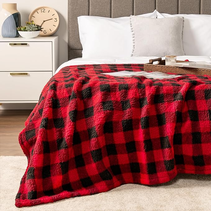 PAVILIA Sherpa Throw Blanket for Couch Sofa, Black Red Checkered Fluffy Warm Plush Blanket for Twin Bed, Cozy Super Soft Lightweight Throw, Fuzzy Decorative Blanket, All Season Home, 60x80