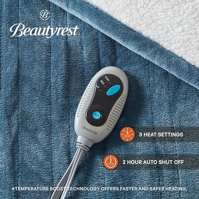 Beautyrest Heated Blanket, Eletric Throw Blanket, Soft, Warm, Reversible Plush - Sherpa Heating Blanket Throw for Office, Couch, 3 Heat Settings, 2 hr Auto Shut Off, Machine Washable, 50 x 60 Blue