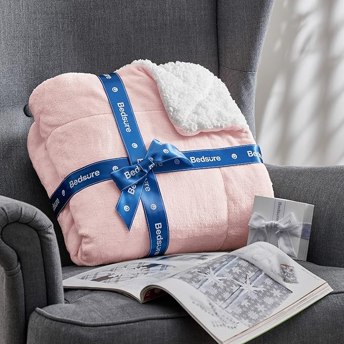 Bedsure GentleSoft Sherpa Fleece Throw Blanket for Couch, Non-Heated, Thick and Warm Throw Gifts for Women and Girls, Soft Fuzzy Plush Kids Blanket for Spring, Room Home Decor, Pink, 50x60 Inches