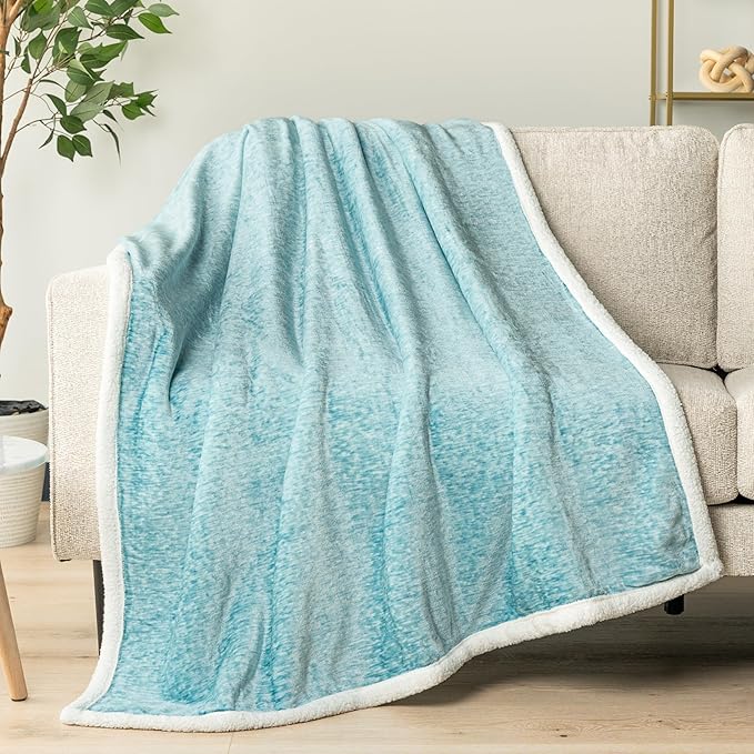PAVILIA Melange Teal Blue Twin Bed Sherpa Blanket Throw, Warm Soft Cozy Reversible Blanket Couch Sofa, Thick Plush Large Fleece Blanket, Decorative Home Room Decor Gift Men Women, 60x80 Turquoise Aqua