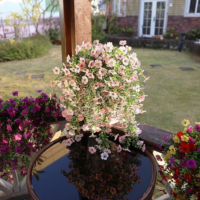 Artificial Flowers for Outdoors Spring Decor, 6 Bundles UV Resistant Realistic Fuax Silk Hanging Flowers, Fake Plants for Planter Indoor Outside Garden Porch Patio Balcony Yard (Pink White)