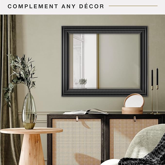 MCS 28x34 Large Wall Mirror, Brushed Black Frame & Beveled Detail Mirror, Vertical & Horizontal Wall Hanging Mirror for Bathroom, Bedroom & Livingroom