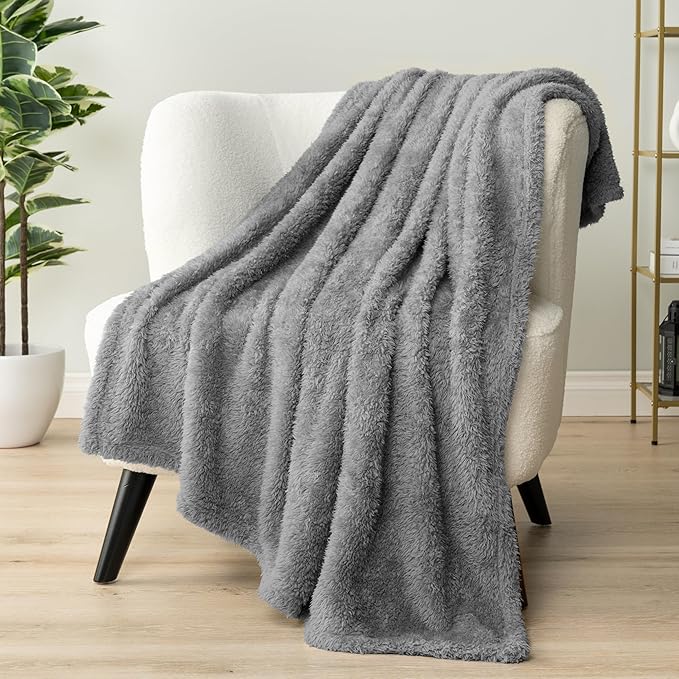 Pavilia Sherpa Bed Blanket Queen Size, Grey Plush Soft Cozy Fluffy Lightweight Microfiber Fuzzy All Season Blanket, 90x90