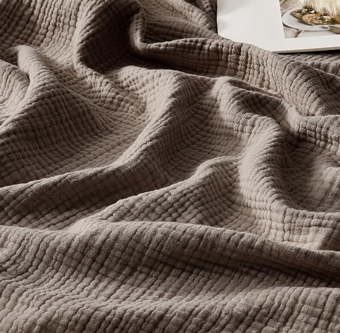 WDCOZY 100% Cotton Muslin Blanket Queen Size 4-Layer for Bed Breathable Lightweight Soft Large Boho Farmhouse Linen Tassels Ruffle Gauze Blankets 90x90 Inches Brown Mocha Chocolate Coffee Taupe