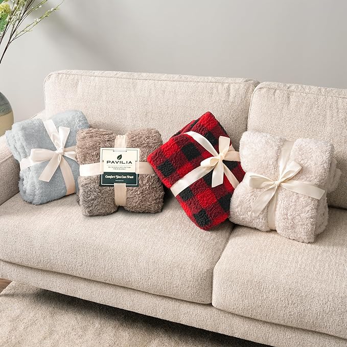 Pavilion Sherpa Bed Blanket Queen Size - Light Grey Plush Soft Cozy, Fluffy Microfiber, Fuzzy All Season, 90x90