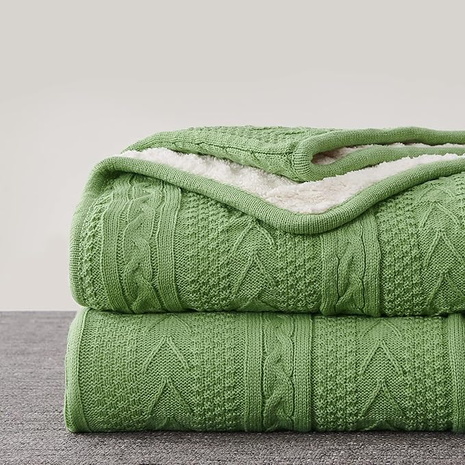 Longhui bedding Sage Green Acrylic Cable Knit Sherpa Throw Blanket - Thick, Soft, Big, Cozy Knitted Fleece Blankets for Couch, Sofa, Bed - Large 60 x 80 Inches Coverlet All Season