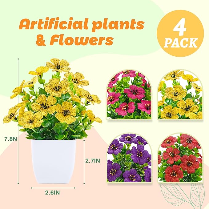 Der Rose 4 Pack Small Fake Plants Spring Artificial Flowers with Fragrance Faux Plants Indoor for Farmhouse Bathroom Office Desk Decor