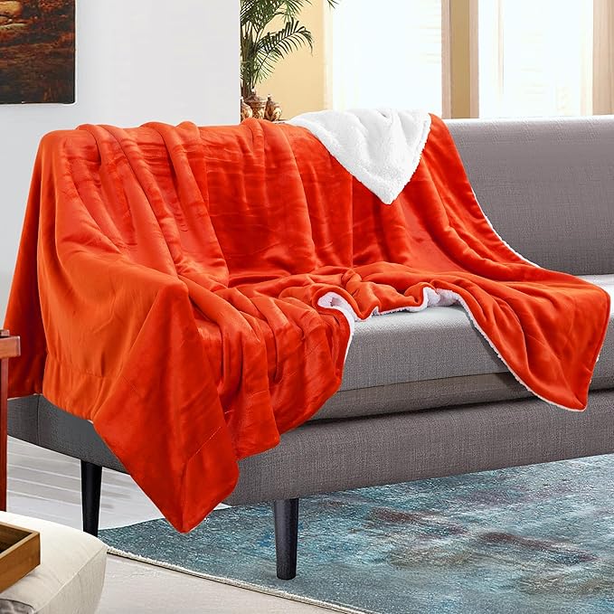 Mocassi Premium Ultra-Soft Velvet Touch Flannel Fleece Sherpa Throw - Warm Cozy Reversible Plush Micromink Throw Blanket for Couch, Bed and Sofa - Fluffy, Christmas Winter Bedding Gift, Orange