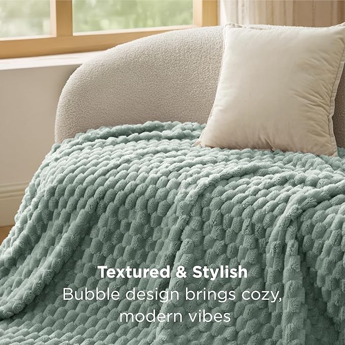 Bedsure Twin Blanket for Bed - 350GSM Fluffy Plush Bubble Blanket for College Dorm for Home Room Decor, GentleSoft Cute Fleece Soft Cozy Gifts for Women Girls, Sage Green, 60x80 Inches