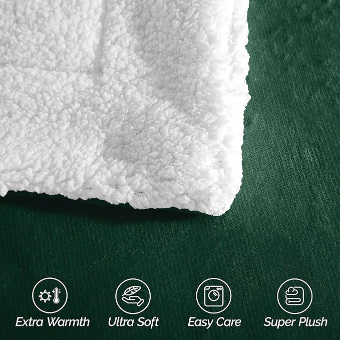 Elegant Comfort Ultra Soft Reversible Flannel Sherpa Blanket - Cozy Silky Fleece Throw for Couch, Bed - Plush Fuzzy Warm Winter Blanket for Gift, Queen, Hunter Green