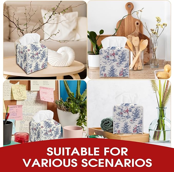 Watercolor Blue Chinoiserie Tissue Box Cover, Christmas Santa Claus Tissue Box Cover Square, Xmas Gift Ideas for Family Friends, Bathroom Kitchen Car Office Home Table Decor(5.2 Inches)-B18