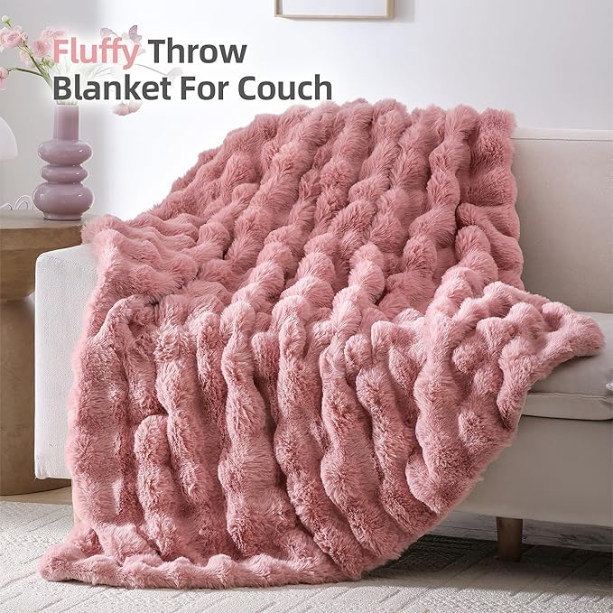 Smoofy Faux Fur Throw Blanket for Couch – Old Pink Fluffy Cozy Rabbit Fleece, Plush Soft Bubble Blanket for Sofa & Bed, for Mom, Warm Fuzzy Home Room Decor Throw 50" x 60"