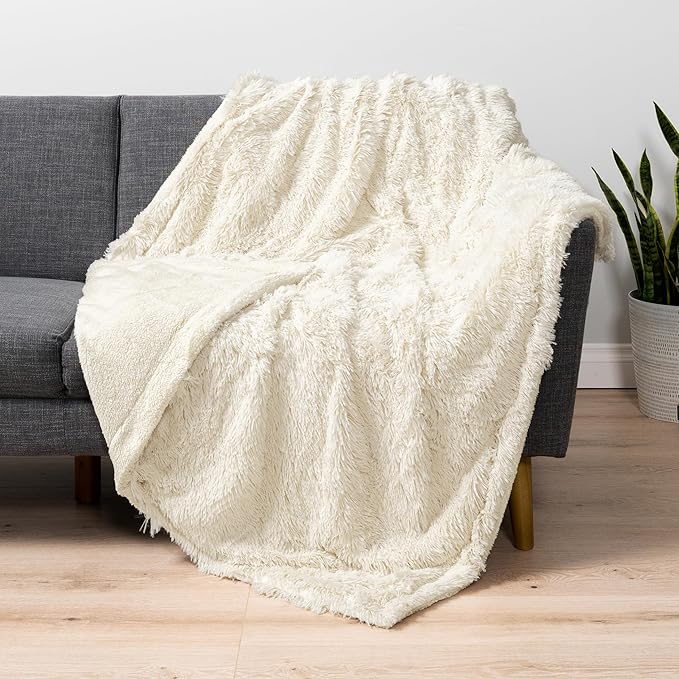 Pavilia Cream Beige Fluffy Throw, Twin Bed, Fuzzy Blanket for Women Men, Super Soft Thick Faux Fur Sherpa Blanket Throw, 60x80
