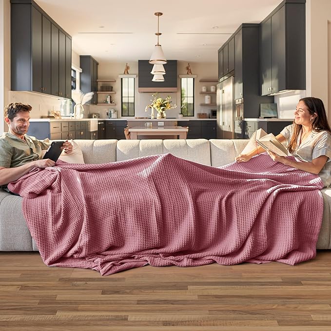 Bedsure Gentlesoft 100% Cotton Blanket Twin XL Size for College Dorm - Breathable and Soft for Spring Summer, Waffle Weave Twin Blanket for Bed, Dorm Room Essentials, Dusty Rose, 66x90 inches
