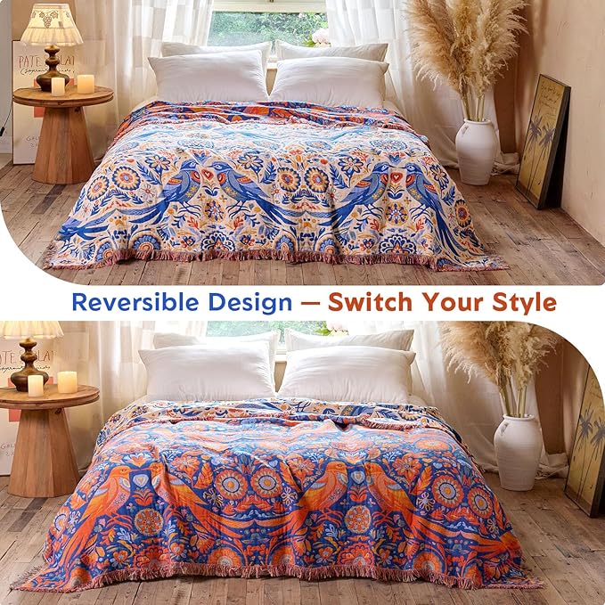 Boho Throw Blanket 60"x80" 100% Cotton Twin Bed Bird Blanket, Reversible Breathable Lightweight Spring Decorative Tassel Blankets for Couch Sofa Decor