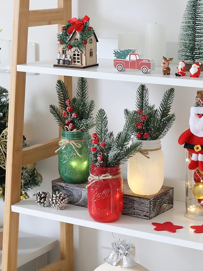 Christmas Mason Jars, Christmas Centerpiece for Table, Set of 3 Colorful Mason Jars with Lights & Artificial Plants, Kitchen Xmas Dining Table Decoration, Winter Home Decor
