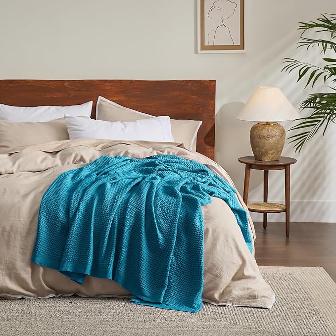 Bedsure Gentlesoft 100% Cotton Blanket Twin XL Size for College Dorm - Breathable and Soft for Spring Summer, Waffle Weave Twin Blanket for Bed, Dorm Room Essentials, Teal, 66x90 inches
