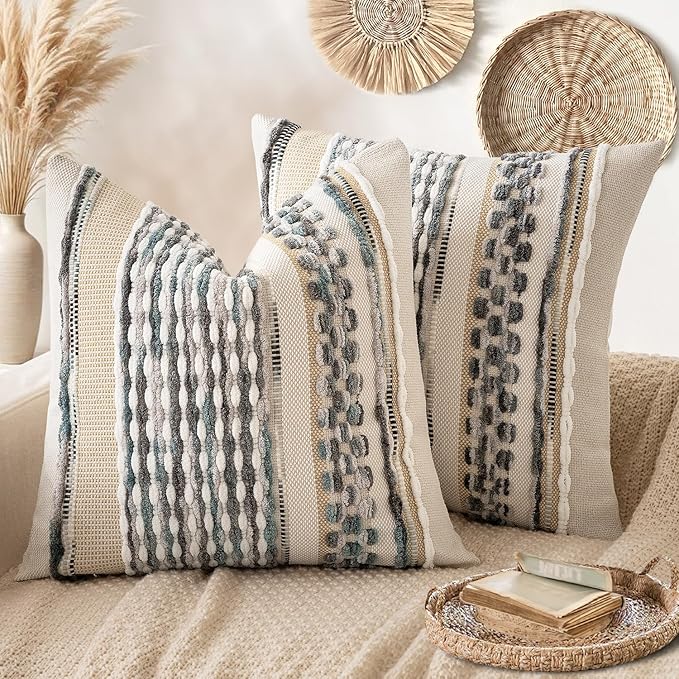 ANRODUO Pack of 2 Boho Decorative Throw Pillow Covers 24x24 Farmhouse Cushion Case Striped Chenille Pillow Cases Square Pillow Covers Accent Neutral Pillowcase for Sofa Couch Bed, Gray Blue Stripe