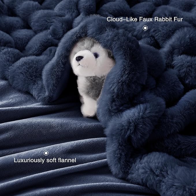 Comelady Faux Rabbit Fur Throw Blanket for Couch,Soft Fluffy Thick Bubble Blanket for Bed Sofa Room Decor-Lightweight Cozy Fuzzy Blanket Gifts for Women Men,Navy Blue,50"×60"