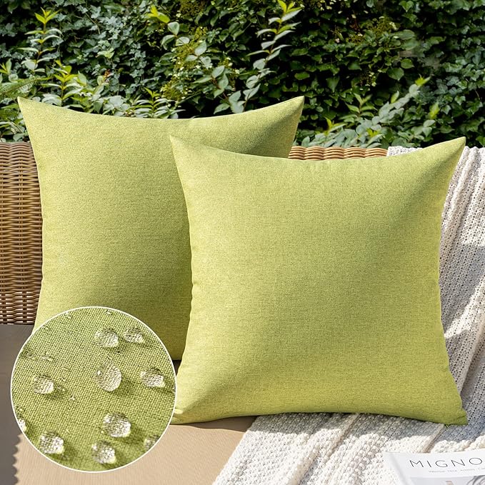 MIULEE Pack of 2 Decorative Outdoor Solid Waterproof Throw Pillow Covers Spring Faux Linen Garden Farmhouse Cushion Cases for Patio Tent Balcony Couch Sofa 16x16 Inch Moss Green